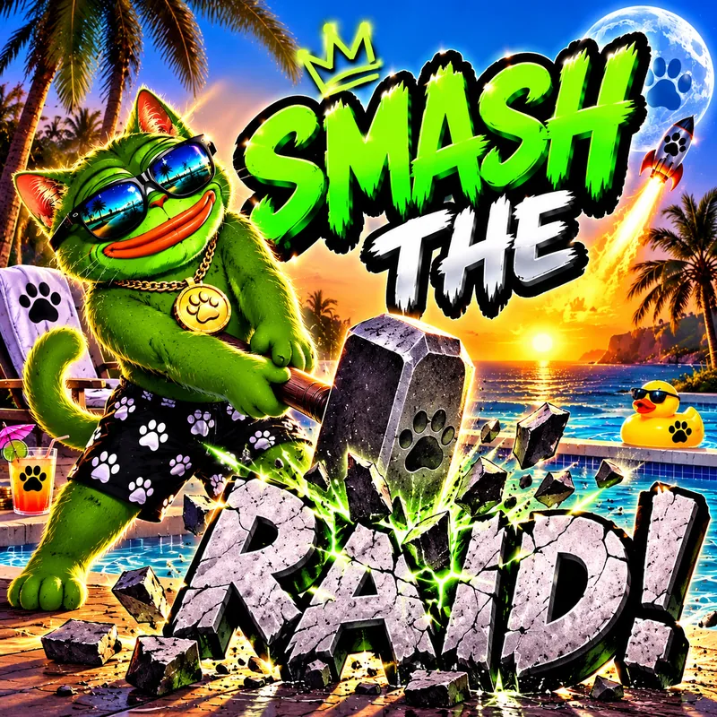 Pepe Cat smashing the word RAID with a paw-print hammer beside the pool